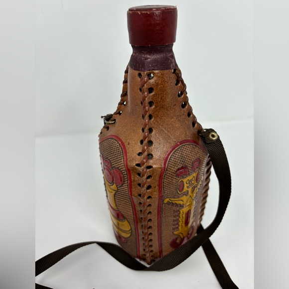 Vintage Columbia Decanter Leather Hand Tooled Empty Bottle Flask With Cap Strap - Picture 16 of 16